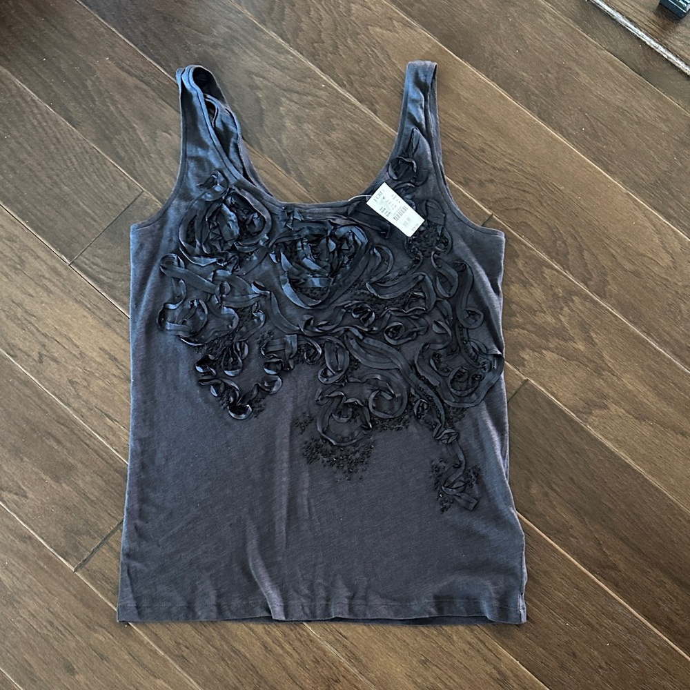 J. Crew Navy Blue Tank Top with Floral ribbon and bead Appliqué